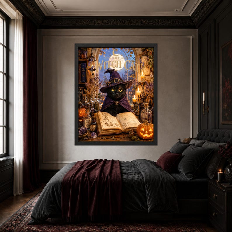May include: A framed wall art print featuring a black cat wearing a purple witch hat and cape, reading an open book. The scene includes glowing candles, glass potion bottles, and a jack-o'-lantern, with the text THE WITCH CAT at the top.