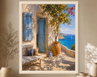 Mediterranean Lemon Tree Print, Blue Door Aegean Sea View (Digital Download)