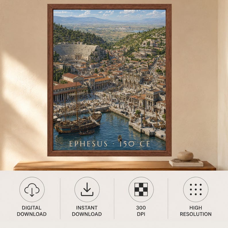 May include: A framed wall art print depicting an aerial view of the ancient city of Ephesus in 150 CE, featuring a harbor with a wooden ship, stone buildings, a large theater, and the text EPHESUS 150 CE printed in white at the bottom.
