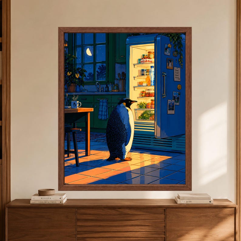 May include: A framed wall art print depicting a penguin standing in a kitchen at night, illuminated by the warm light of an open blue refrigerator. The scene features a tiled floor, a wooden table, and a window showing a crescent moon in the sky.