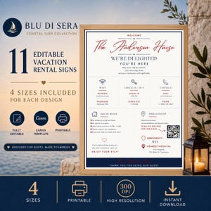 Editable Airbnb QR code sign bundle with 11 Canva vacation rental signs, four sizes each, printable welcome sign and instant download.