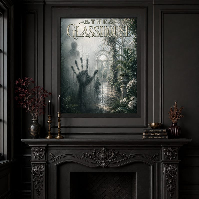 May include: A framed wall art print titled THE GLASSHOUSE featuring a dark, atmospheric greenhouse scene with a large, misty handprint on the glass pane, surrounded by lush green foliage, white flowers, and a shadowy figure in the background.