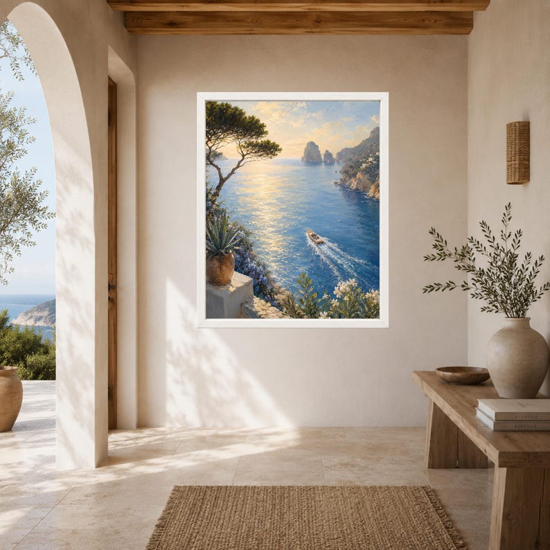 May include: A framed wall art print depicting a coastal landscape with a small boat traveling across a sunlit blue sea. The scene features rocky cliffs, a pine tree, and potted plants in the foreground under a soft, golden-hued sky.