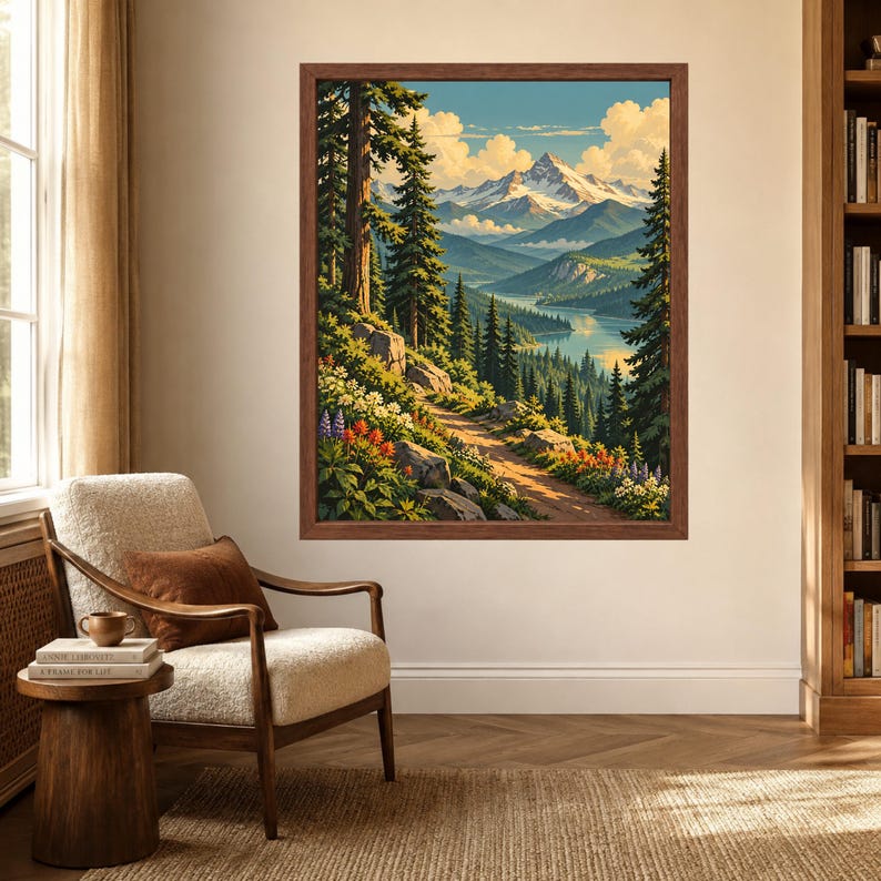 Pode incluir: Uma impress&atilde;o art&iacute;stica emoldurada retratando uma paisagem de montanha com um caminho de terra sinuoso, &aacute;rvores perenes altas, flores silvestres coloridas, um lago azul calmo e picos nevados sob um c&eacute;u brilhante.
