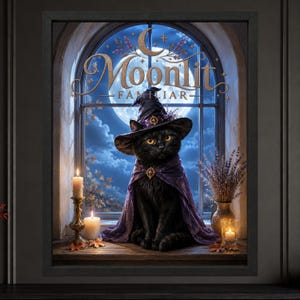 K&ouml;nnte beinhalten: Ein gerahmter Kunstdruck mit dem Titel Moonlit Familiar zeigt eine schwarze Katze mit einem violetten Umhang und einem spitzen Hut. Die Katze sitzt auf einem Holzbrett vor einem Bogenfenster mit Vollmond, Kerzen und Lavendel in einer Vase.