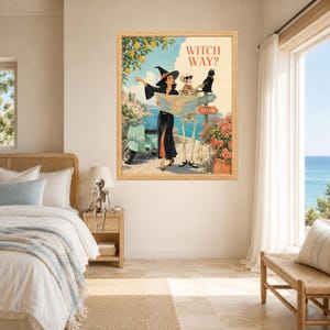 Puede incluir: Una l&aacute;mina de arte enmarcada con una ilustraci&oacute;n de estilo vintage de una bruja con vestido negro y un esqueleto junto a un scooter verde claro. Sostienen un mapa bajo un limonero. El texto dice WITCH WAY? con se&ntilde;ales de COAST ROAD y CLIFF ROAD.