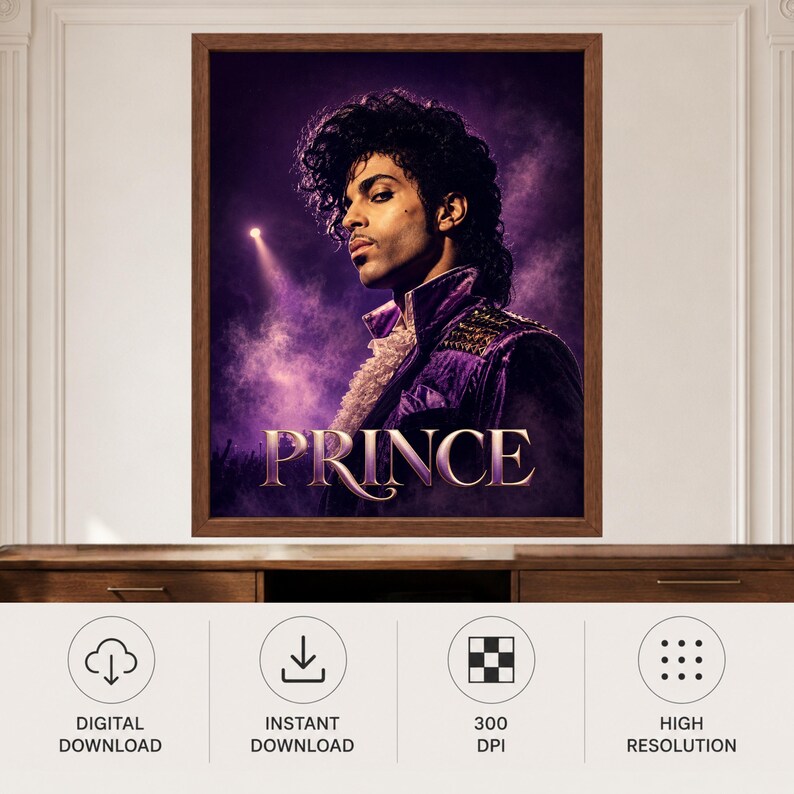 May include: A framed wall art print featuring a portrait of the musician Prince. He is shown in profile against a dark purple, smoky background with a spotlight. He wears a purple jacket with a ruffled collar. The name PRINCE is in gold text.