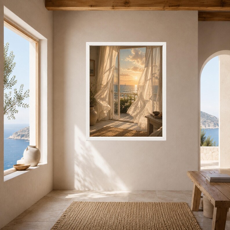 Mediterranean Window Art, Sheer Curtains, Sunset Sailboat (Digital Download) image 9