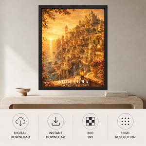 May include: A framed wall art print depicting a fantasy coastal city named Aurelora, City of Eternal Golden Light. The scene features intricate golden architecture built into cliffs overlooking a sunset ocean, framed by vibrant orange and pink flowers.