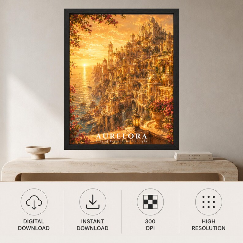 May include: A framed wall art print depicting a fantasy coastal city named Aurelora, City of Eternal Golden Light. The scene features intricate golden architecture built into cliffs overlooking a sunset ocean, framed by vibrant orange and pink flowers.