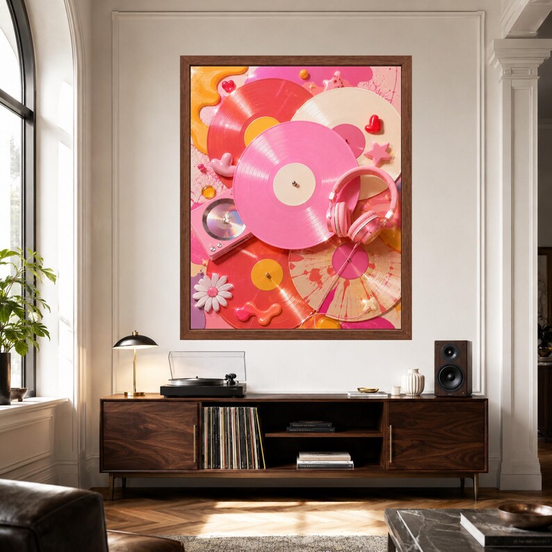 May include: A framed wall art print featuring a vibrant collage of pink, red, and cream vinyl records, a pair of pink headphones, a small pink record player, and decorative elements including a white flower, stars, and hearts on a pink background.