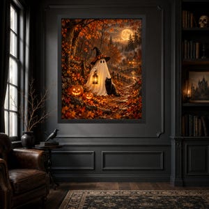 Estampado de fantasma y sombrero de bruja, gato negro en el bosque otoñal (descarga digital) imagen 6