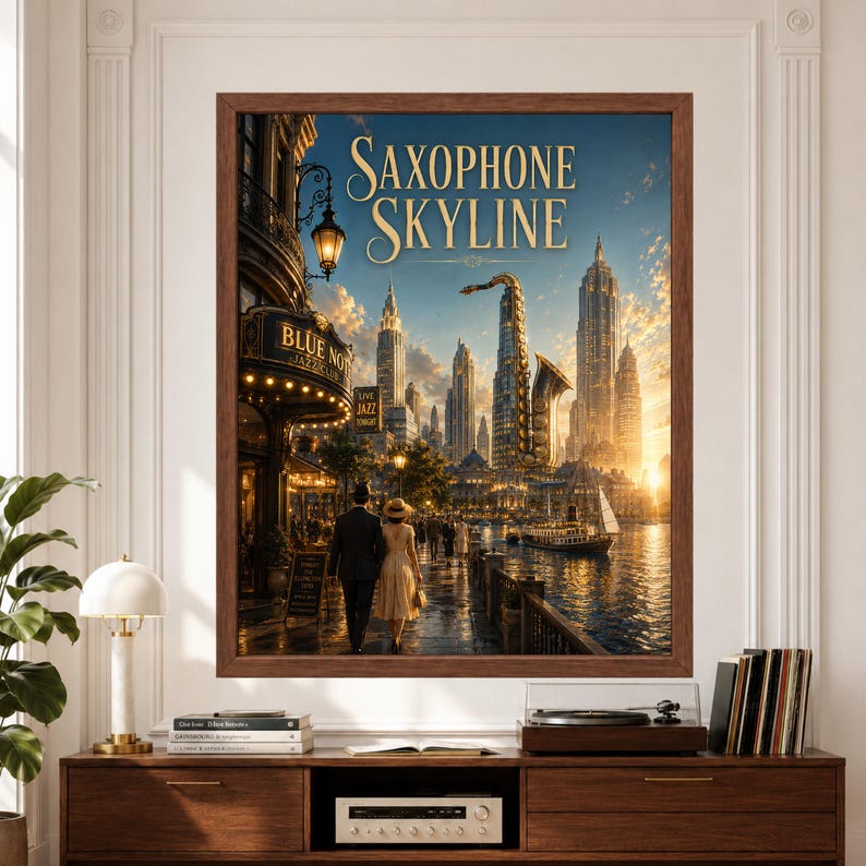 Framed Saxophone Skyline fantasy jazz wall art featuring a monumental golden saxophone among Art Deco-inspired skyscrapers, waterfront promenade, jazz club signs, sailboats and a stylish couple walking at golden hour.