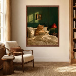 Cat Reading Wall Art, Orange Tabby in Bed, Whimsical Book Lover Print, Digital Download image 5