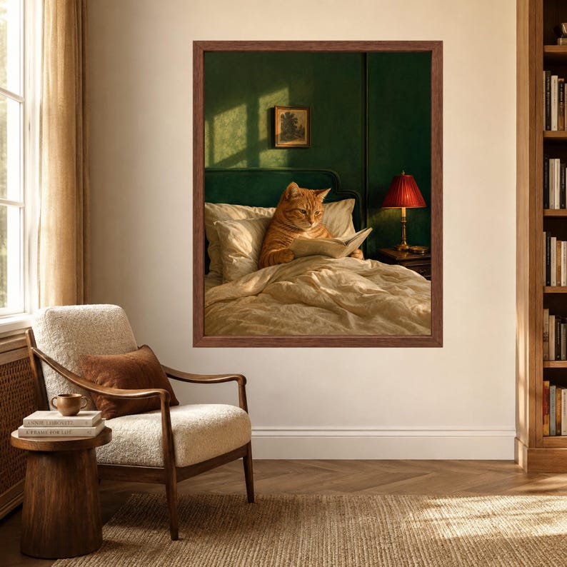 Cat Reading Wall Art, Orange Tabby in Bed, Whimsical Book Lover Print, Digital Download image 5
