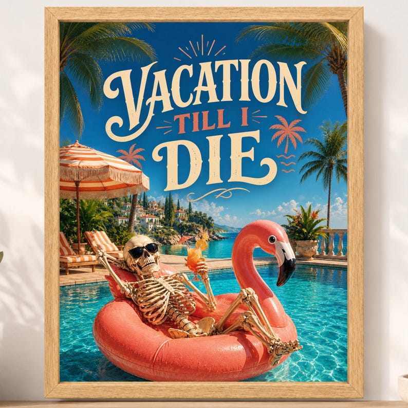 Funny Skeleton Flamingo Pool Poster, Tropical Summer Decor (Digital Download) image 2