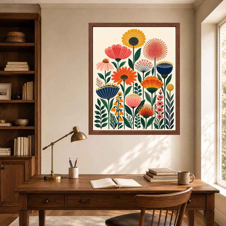 Colorful Floral Wall Art, Mid Century Botanical Print, Retro Folk Flower Poster, Digital Download image 6