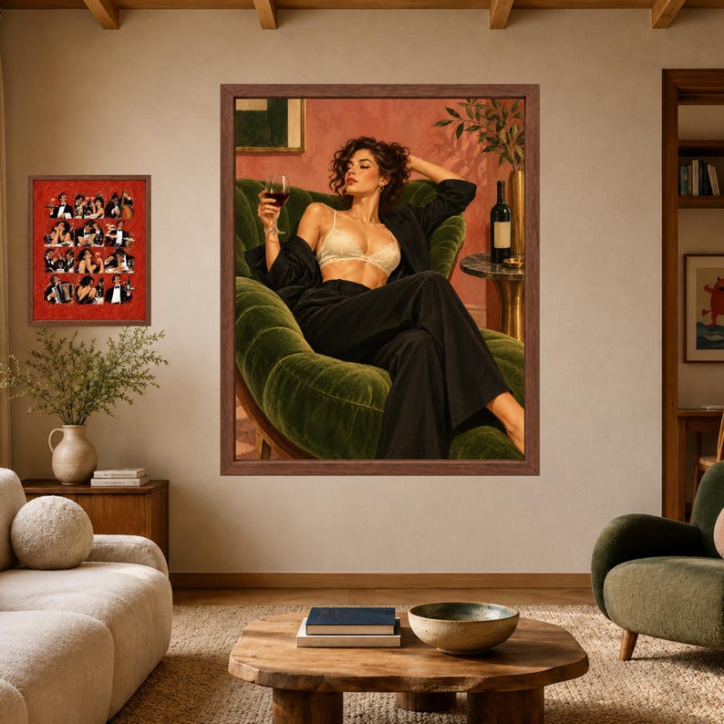 Woman With Wine Wall Art, Green Velvet Lounge Print, Fashion Poster (Digital Download) immagine 5