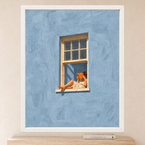 Woman Reading in Window Print, Soft Blue Wall Art, Book Lover Decor (Digital Download) image 2