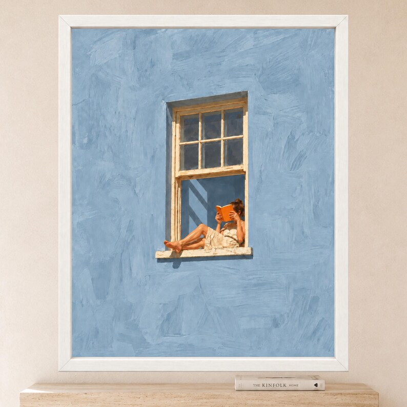Woman Reading in Window Print, Soft Blue Wall Art, Book Lover Decor (Digital Download) image 2