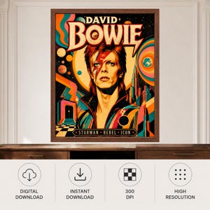 May include: A framed poster featuring a portrait of David Bowie with a red lightning bolt across the face. The background displays colorful concentric circles, planets, and a city skyline. The text reads DAVID BOWIE and STARMAN REBEL ICON.