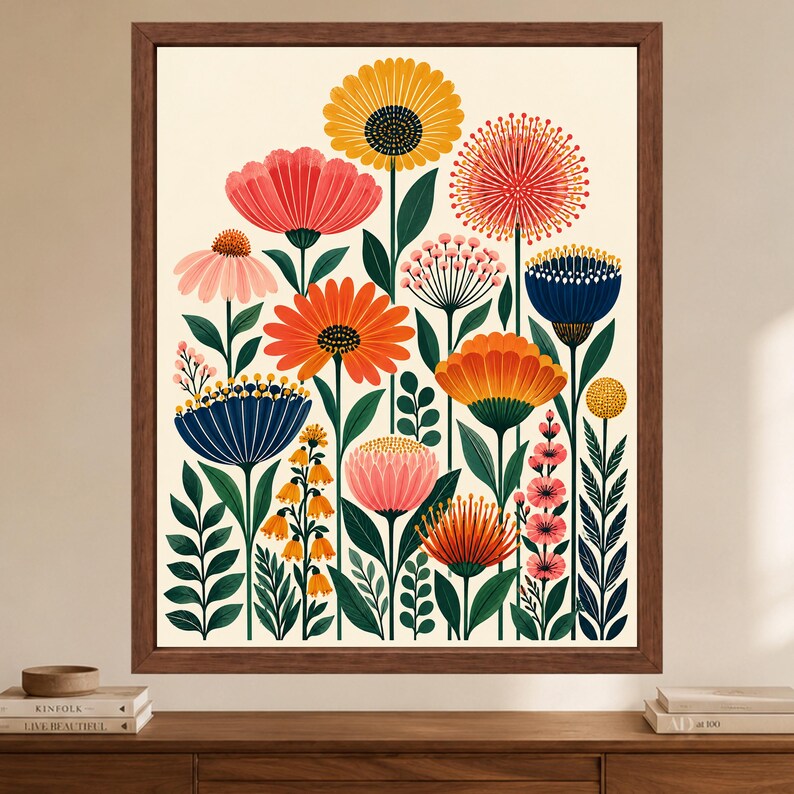 Colorful Floral Wall Art, Mid Century Botanical Print, Retro Folk Flower Poster, Digital Download image 2