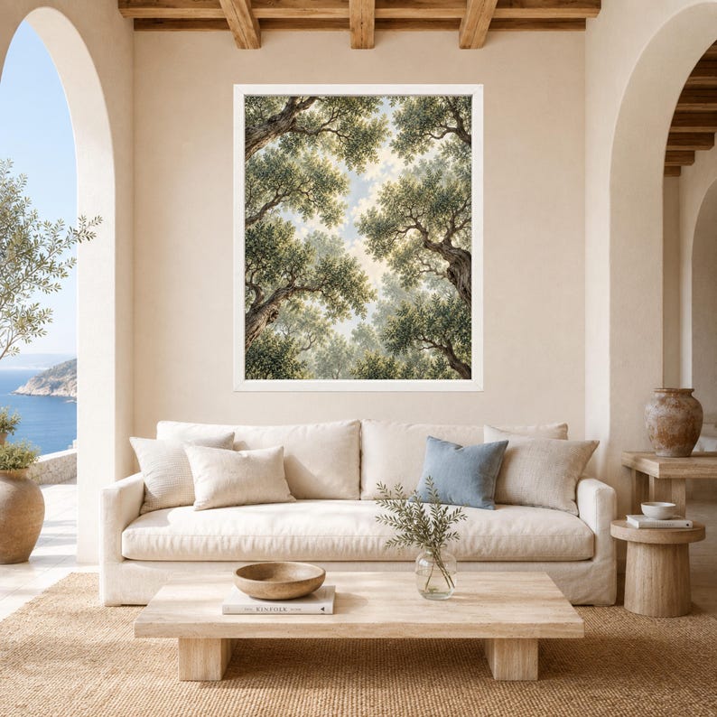 Stampa di un uliveto mediterraneo, prospettiva verso l'alto, paesaggio botanico verdeggiante (download digitale) immagine 3