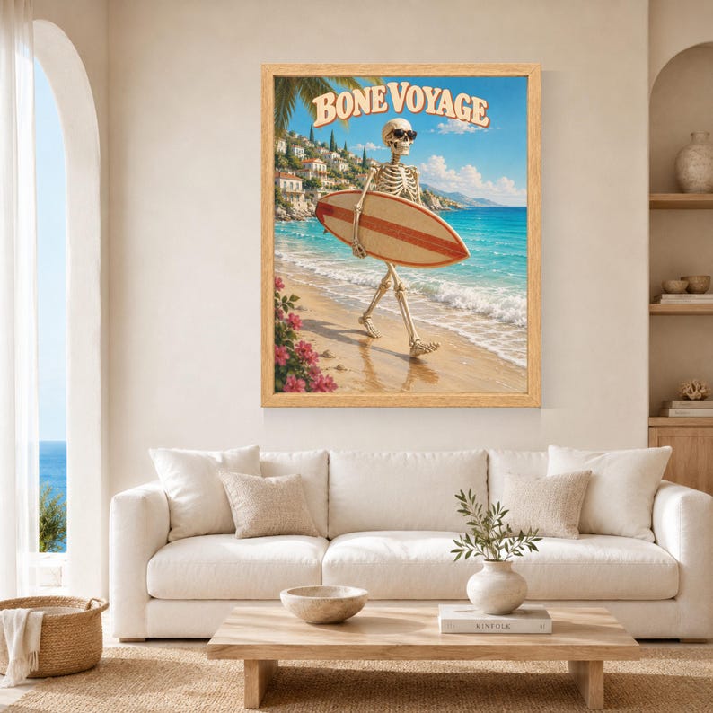 Funny Skeleton Surfer Poster, Retro Beach Art, Coastal Decor (Digital Download) image 3