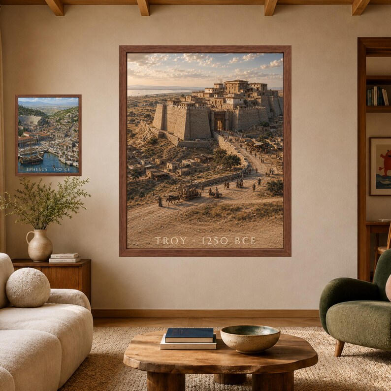 Puede incluir: Dos l&aacute;minas de pared enmarcadas con reconstrucciones hist&oacute;ricas. La l&aacute;mina m&aacute;s grande representa la antigua ciudad de Troya con el texto TROY 1250 BCE. La m&aacute;s peque&ntilde;a muestra la antigua ciudad de &Eacute;feso con el texto EPHESUS 150 CE.