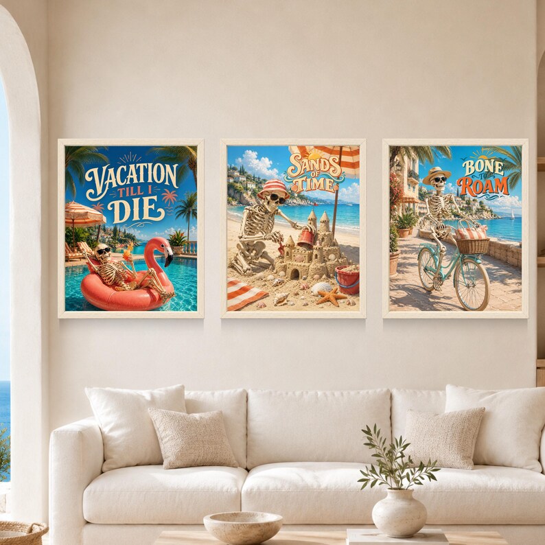 Funny Skeleton Sandcastle Beach Poster, Summer Vacation Art (Digital Download) Bild 10