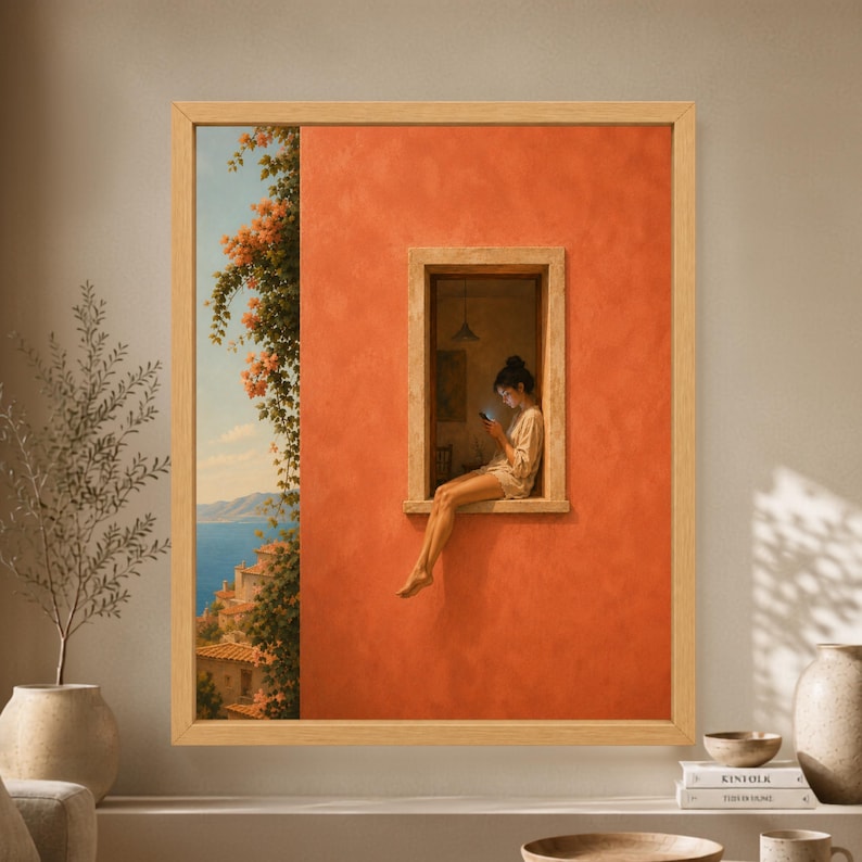 terracotta wall art, woman at window, mediterranean art, woman on phone art, orange wall art, window wall art, figurative wall art, minimalist wall art, coastal woman art, italian summer art, terracotta decor, modern wall decor, digital wall art