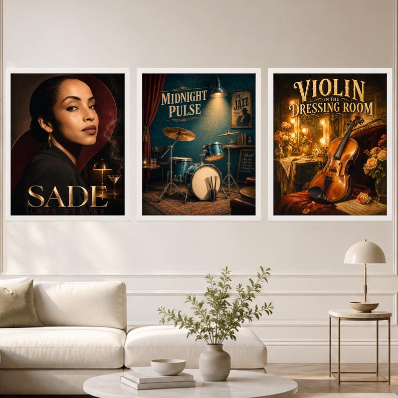 May include: Three framed wall art prints featuring musical themes. The left print shows a portrait of Sade with the text "SADE LOVE DELUXE". The centre print depicts a drum kit with the text "MIDNIGHT PULSE". The right print shows a violin with the text "VIOLIN IN THE DRESSING ROOM".