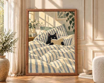 Black Cat Reading in Bed Print, Cozy Bedroom Wall Art (Digital Download)