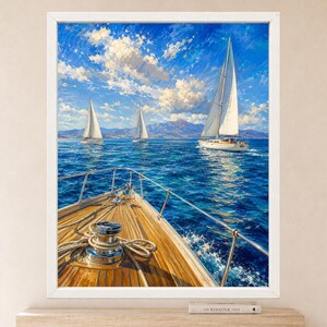 May include: A framed painting depicting a view from the wooden deck of a boat, featuring a metal winch and railing in the foreground. Two sailboats are visible on the deep blue sea under a bright sky with white clouds and distant mountains.