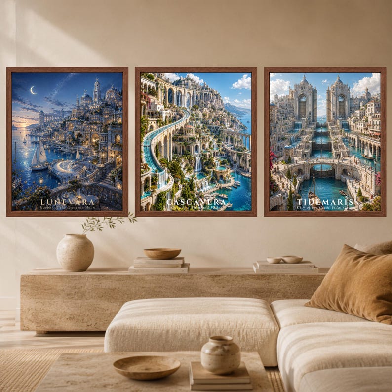 Puede incluir: Tres l&aacute;minas de arte mural enmarcadas con paisajes urbanos de fantas&iacute;a. La l&aacute;mina de la izquierda muestra LUNEVARA con una luna creciente, la central muestra CASCAVERA con cascadas y la de la derecha muestra TIDEMARIS con arquitectura de piedra.