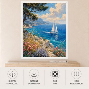 May include: A vertical painting depicting a white sailboat on a vibrant blue sea. The foreground features rocky cliffs with pink and purple wildflowers and tall grasses. A large tree overhangs the scene under a bright blue sky with white clouds.
