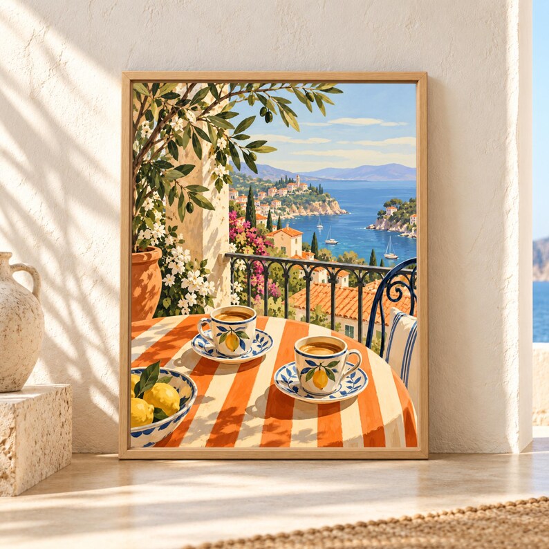Framed Mediterranean coffee wall art showing two lemon-patterned coffee cups on an orange striped terrace table overlooking a sunny blue sea, coastal village, sailboats and olive branches.