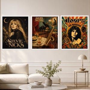 May include: Three framed wall art prints featuring a portrait of Stevie Nicks with a crescent moon, a jazz club scene titled Golden Nocturne with a saxophone, and a psychedelic graphic portrait of Jim Morrison with The Doors band logo text.