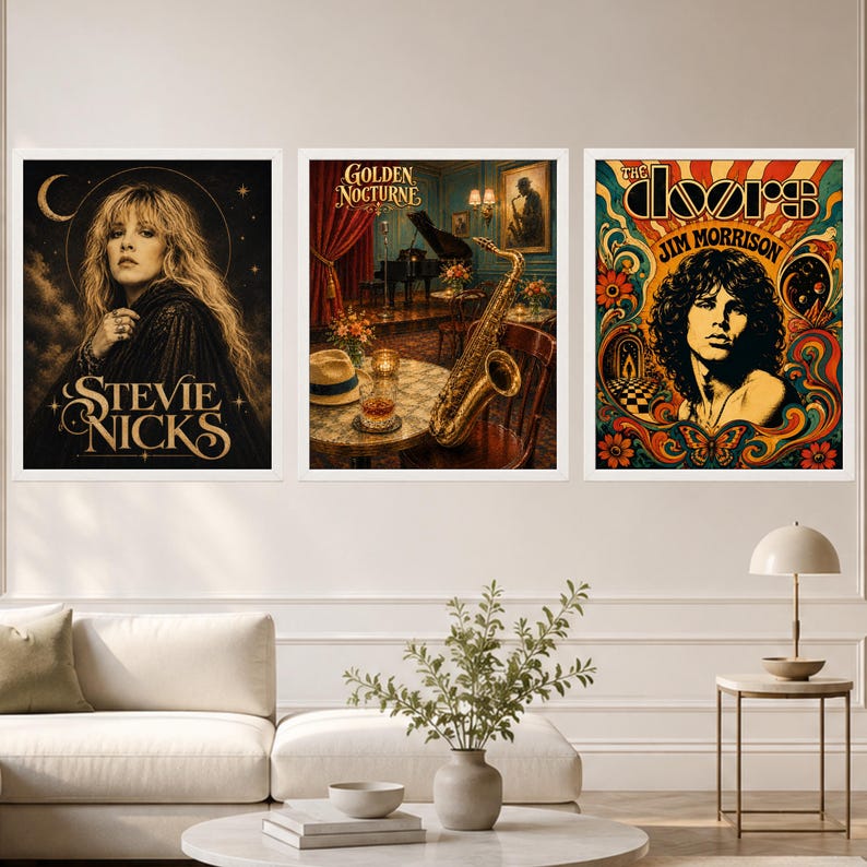 May include: Three framed wall art prints featuring a portrait of Stevie Nicks with a crescent moon, a jazz club scene titled Golden Nocturne with a saxophone, and a psychedelic graphic portrait of Jim Morrison with The Doors band logo text.