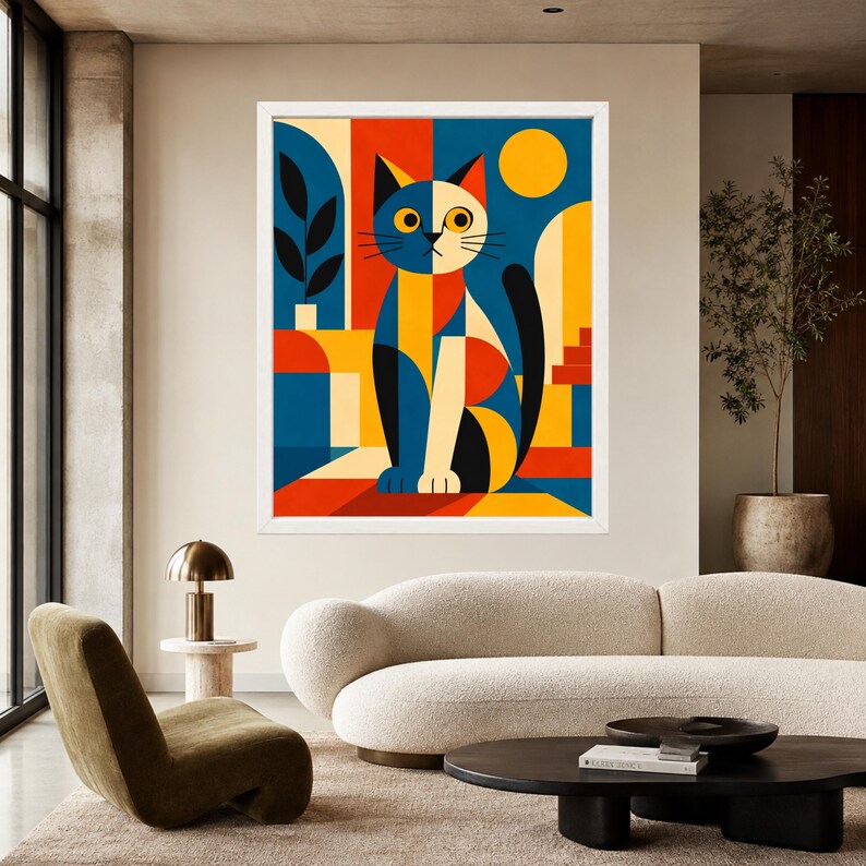 Geometric Cat Print, Mid-Century Modern Bauhaus Animal Art (Digital Download) image 5