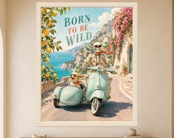 Stampa di uno scooter Vespa scheletrico con cane, illustrazione di viaggio della costa italiana (download digitale)