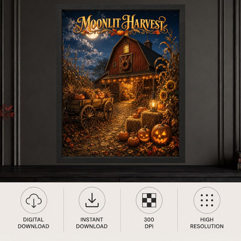 May include: A framed wall art print titled Moonlit Harvest featuring a rustic red barn at night under a full moon. The scene includes a wooden wagon filled with pumpkins, hay bales, glowing jack-o'-lanterns, sunflowers, and corn stalks.