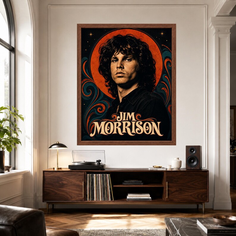 May include: A framed wall poster featuring a portrait of Jim Morrison with curly dark hair, set against a vibrant orange circular background with swirling teal and orange patterns. The text JIM MORRISON is printed in a stylized cream font below.