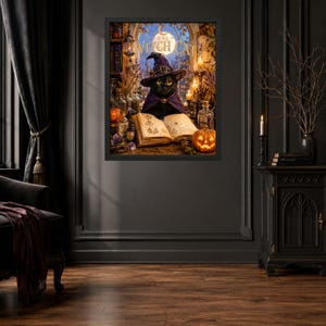 May include: A framed wall art print titled The Witch Cat featuring a black cat wearing a purple witch hat and cape, reading an open book. The scene includes glowing candles, glass bottles, and a carved jack-o'-lantern against a moonlit window.