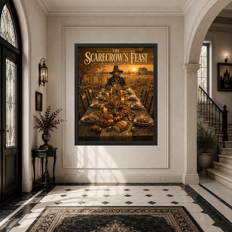 May include: A framed wall art print titled The Scarecrow's Feast, depicting a scarecrow sitting at a long wooden table set for a dinner feast in a field at sunset, with candles, bread, and various dishes arranged on the table under a golden sky.