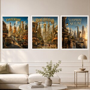 May include: A set of three framed wall art prints featuring golden-toned cityscapes with musical themes. The prints are titled Violin Wharf, Brass Boulevard, and Saxophone Skyline, depicting detailed architectural scenes with instruments integrated into the city.