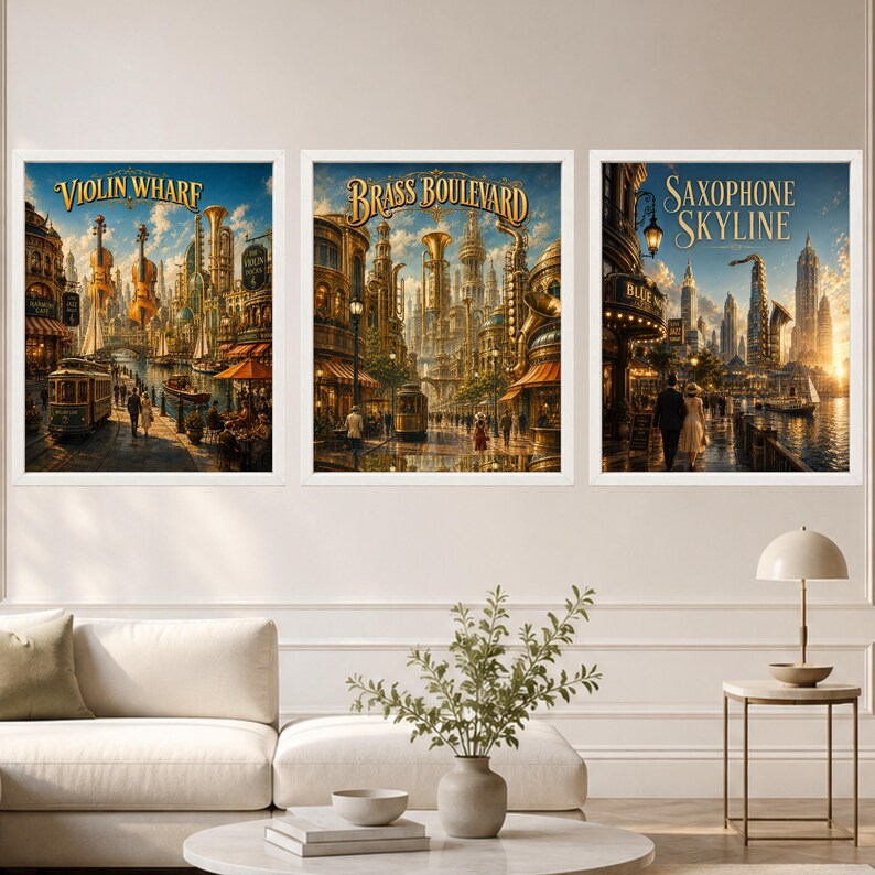 May include: A set of three framed wall art prints featuring golden-toned cityscapes with musical themes. The prints are titled Violin Wharf, Brass Boulevard, and Saxophone Skyline, depicting detailed architectural scenes with instruments integrated into the city.