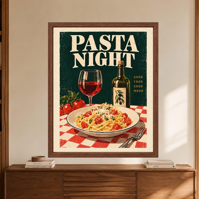 Pasta Night Poster, Retro Italian Kitchen Art, Wine & Olive Oil Print (Digital Download) image 9