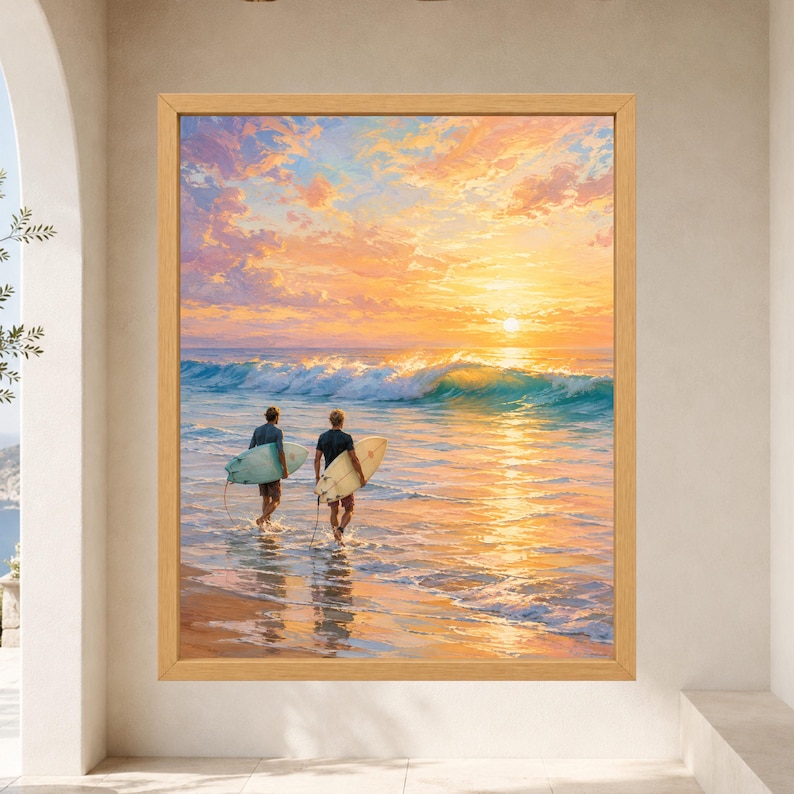 May include: A framed wall art print depicting two individuals walking into the ocean at sunset, each carrying a surfboard. The scene features a vibrant orange and yellow sky, turquoise waves, and golden reflections on the wet sand.