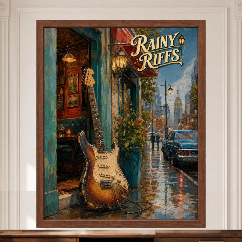 Puede incluir: Una impresi&oacute;n art&iacute;stica enmarcada titulada Rainy Riffs que muestra una guitarra el&eacute;ctrica sunburst apoyada contra la entrada turquesa de un caf&eacute;. La escena representa una calle urbana lluviosa con un coche azul antiguo, suelo mojado y edificios.